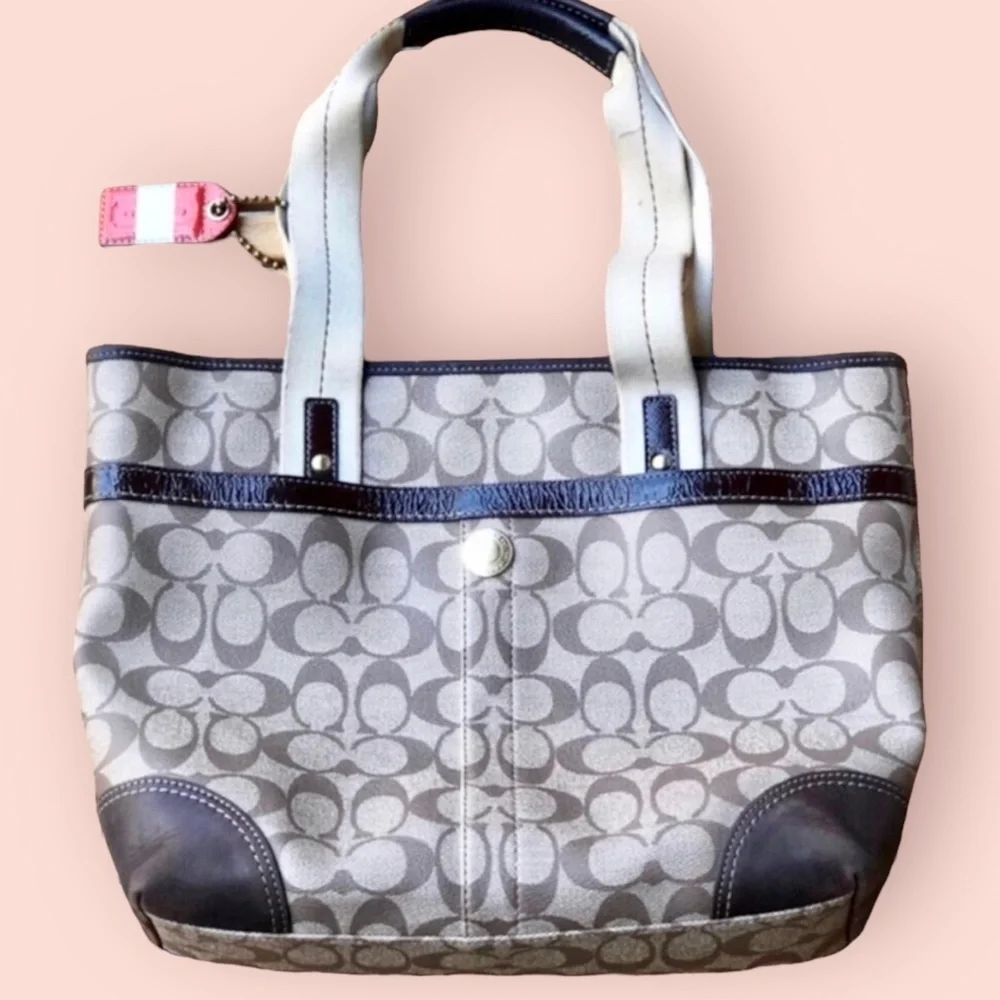 Coach Heritage Stripe Leather Tote, Monogram Canvas, Red Detail, Brown Beige Tan